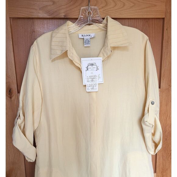 NEW H Look Silk Linen Butter Yellow Maxi Shirt Dress MEDIUM Roll Tab Sleeves M - Picture 3 of 6